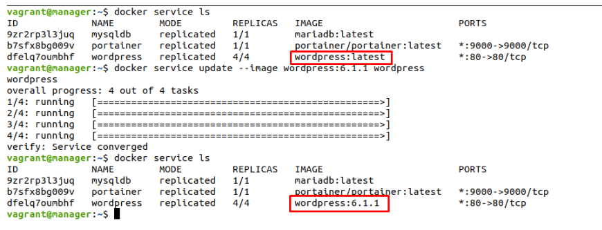 Viewing the Wordpress service image upgrade 
