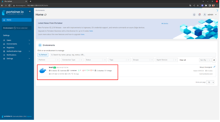 Portainer home screen