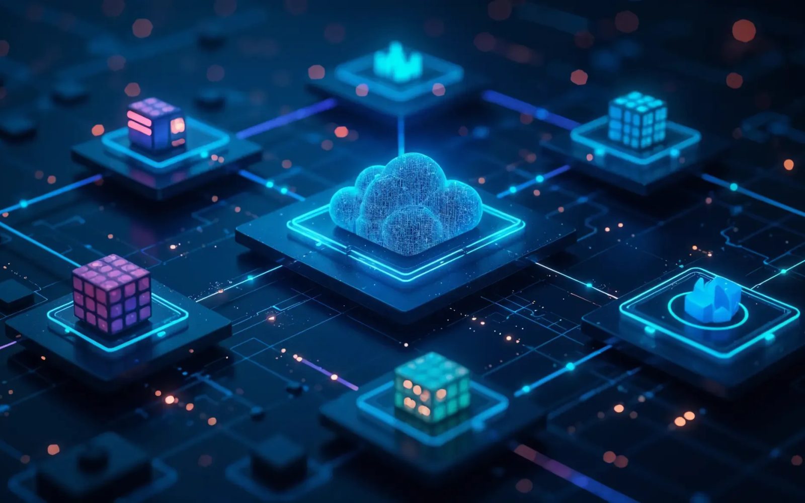 Arquitectura de microservicios. Sistema central cloud rodeado por múltiples módulos de servicio, autónomos e independientes conectados por una red de comunicación.