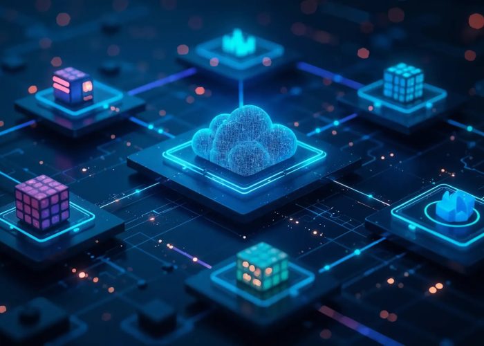 Arquitectura de microservicios. Sistema central cloud rodeado por múltiples módulos de servicio, autónomos e independientes conectados por una red de comunicación.