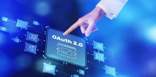Representación conceptual del framework OAuth 2.0 para la autorización de APIs, mostrando una interfaz digital interactiva con iconos de ciberseguridad y conexiones web en fondo azul.