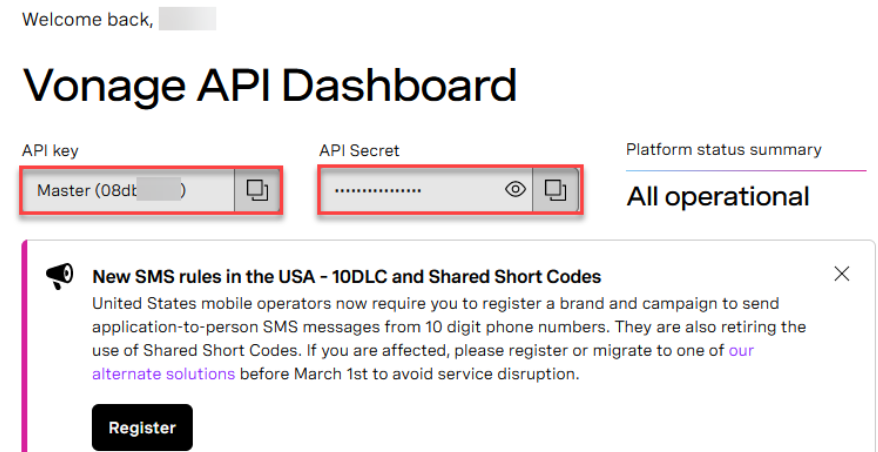 Vonage API Dashboard