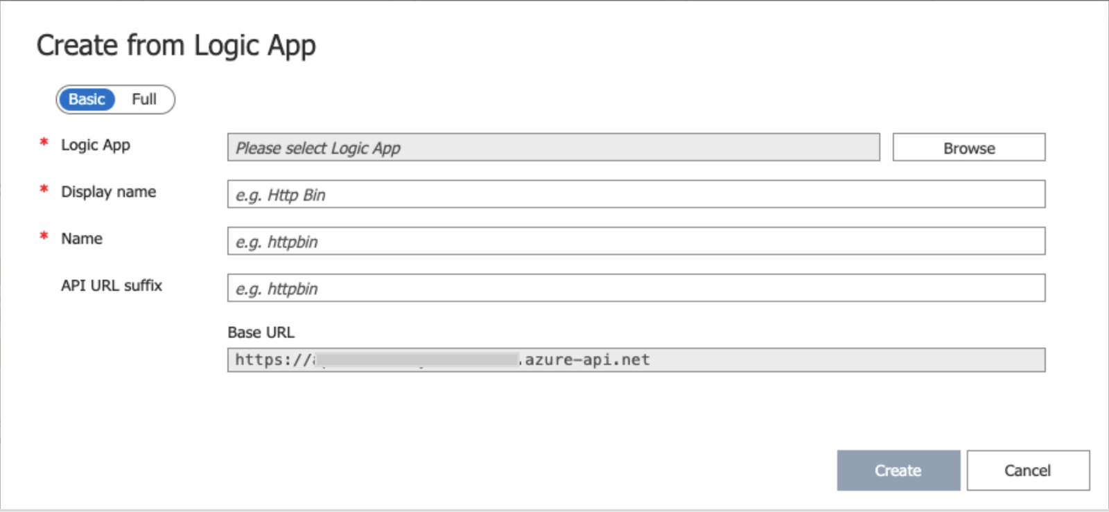 Create from Logic App dialog box 