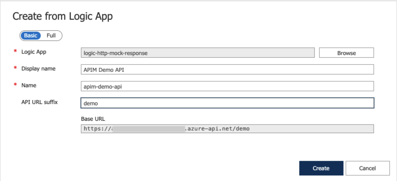 Create from Logic App dialog box with filled details