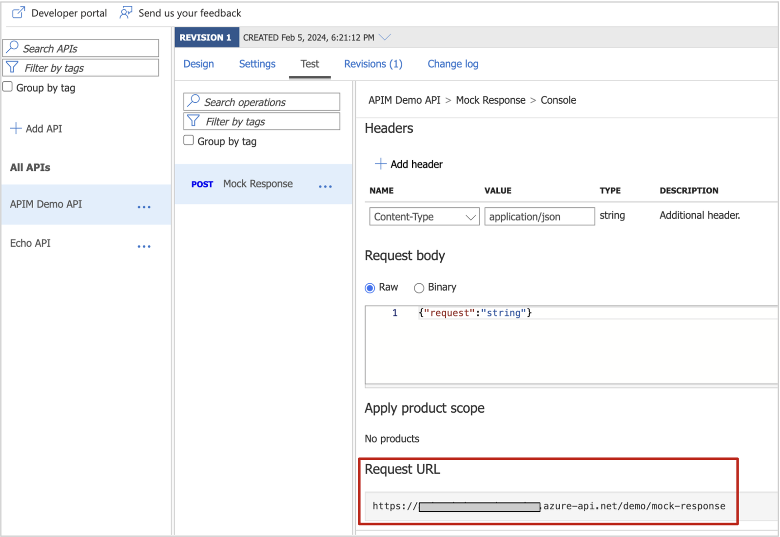 Test tab in API configuration window