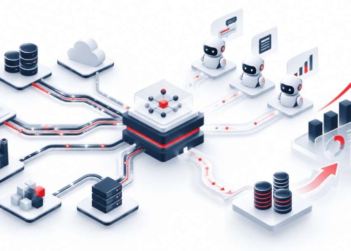 Sistemas empresariales conectados a una capa de interoperabilidad que alimenta agentes de IA y cuadros de mando financieros