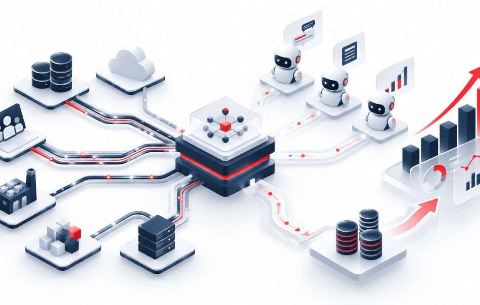 Sistemas empresariales conectados a una capa de interoperabilidad que alimenta agentes de IA y cuadros de mando financieros